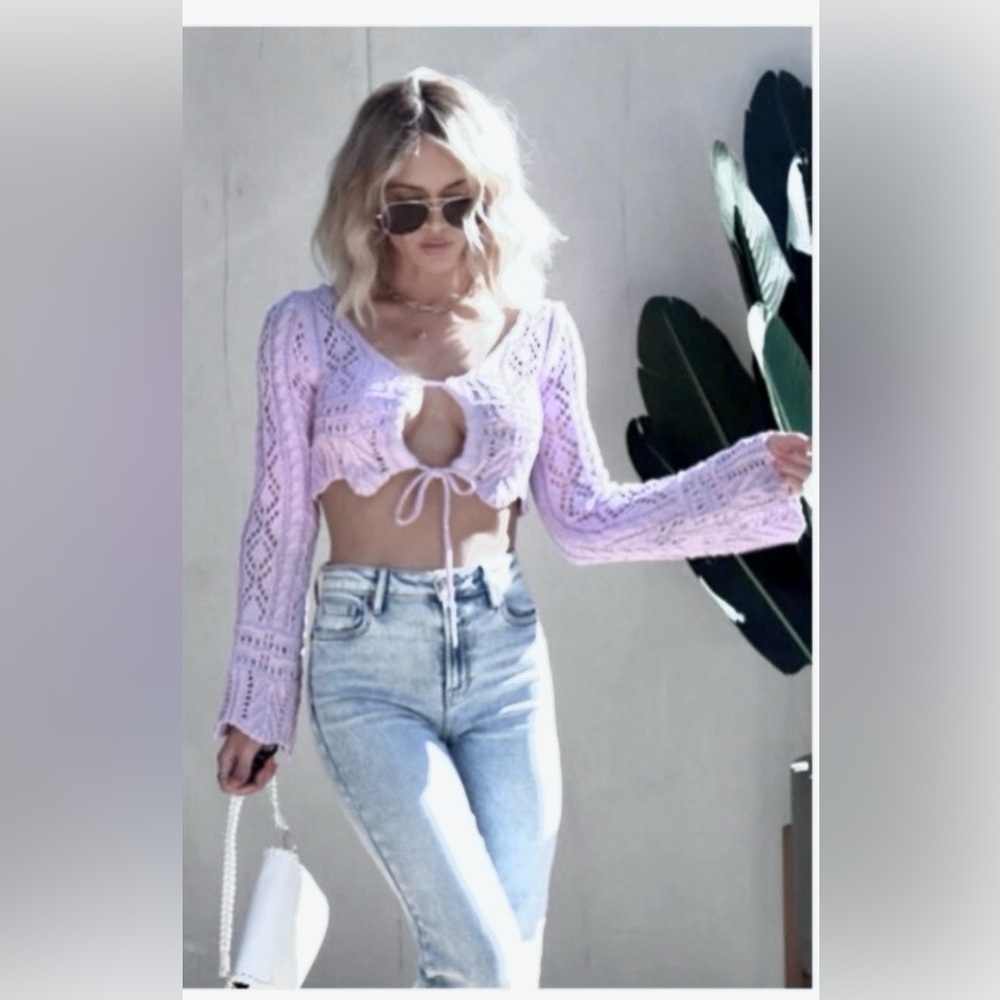 ASOS Emory Park Crop Top Revealing Cotton Crochet Bell Sleeves Lavender Size S